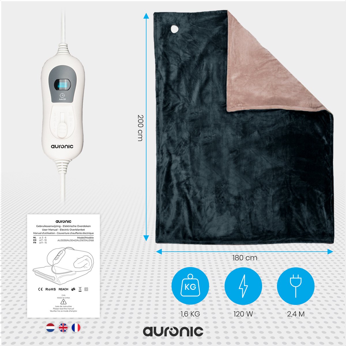 Auronic 2-persoons elektrische deken - Anthracite
