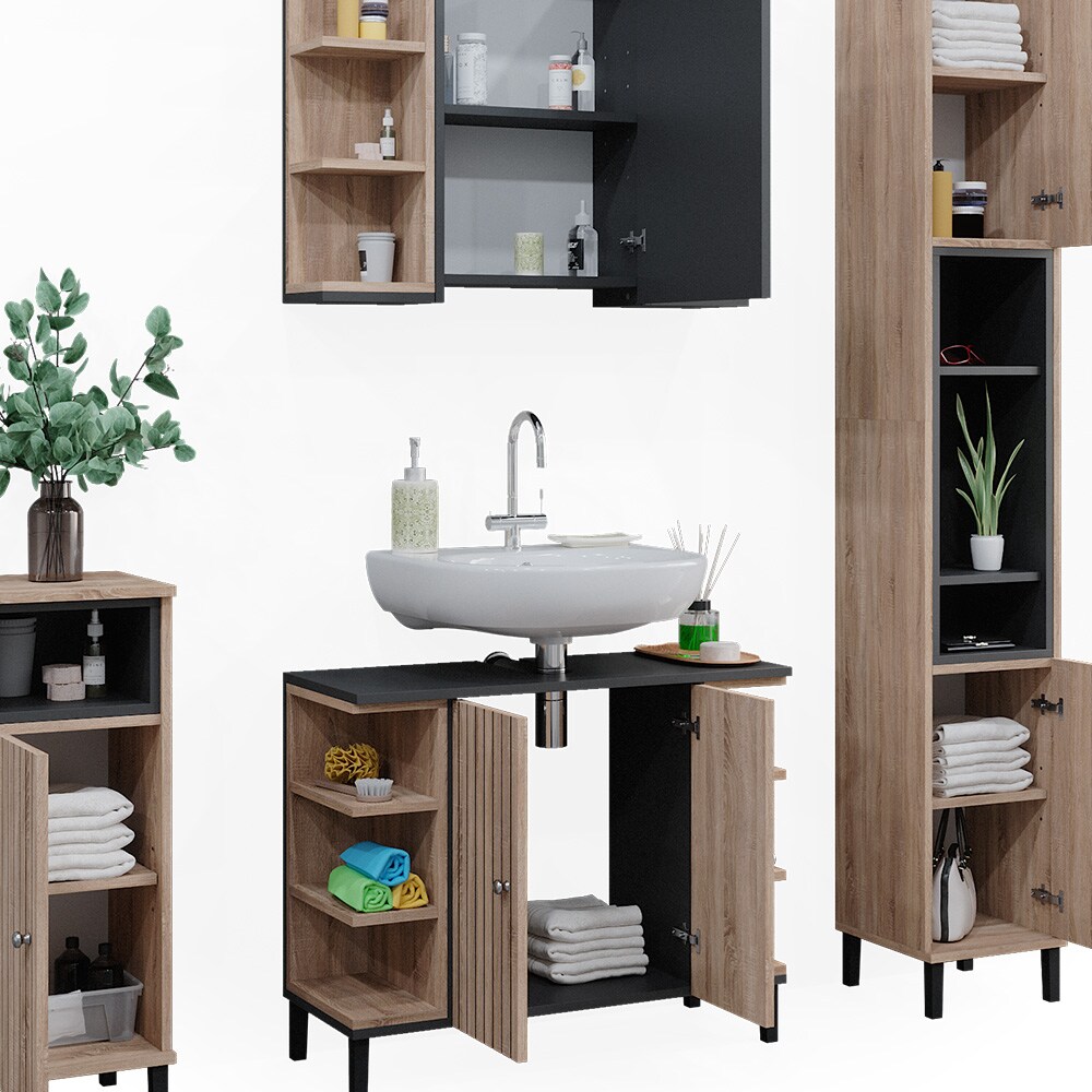 Vicco Badmöbel-Set Aquis, Sonoma Anthrazit, Badezimmer, moderne Badserie, Waschtischunterschrank, Spiegelschrank, Midischrank, Hochschrank