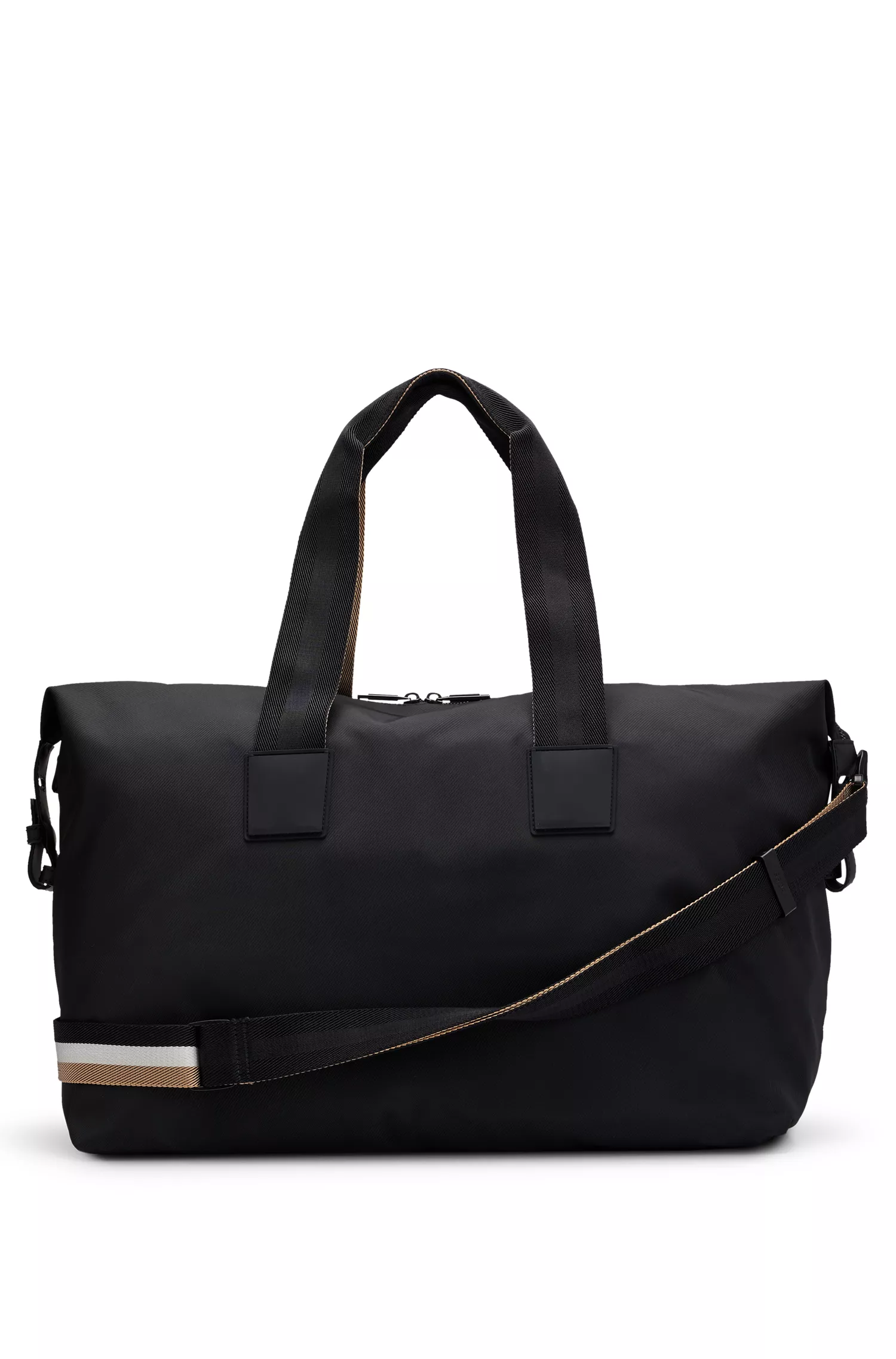 Mala de viagem BOSS com logotipo em contraste preto e alças com listras características.