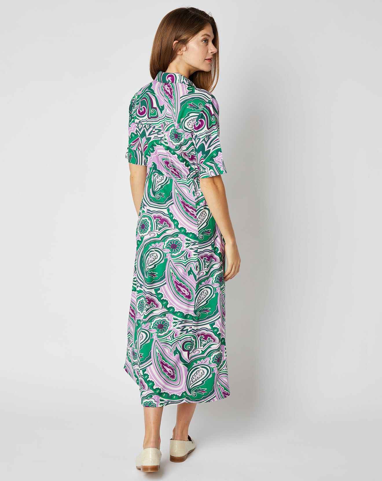 An'ge Robe chemise Elena coupe longue et cintrée à motifs vert/violet