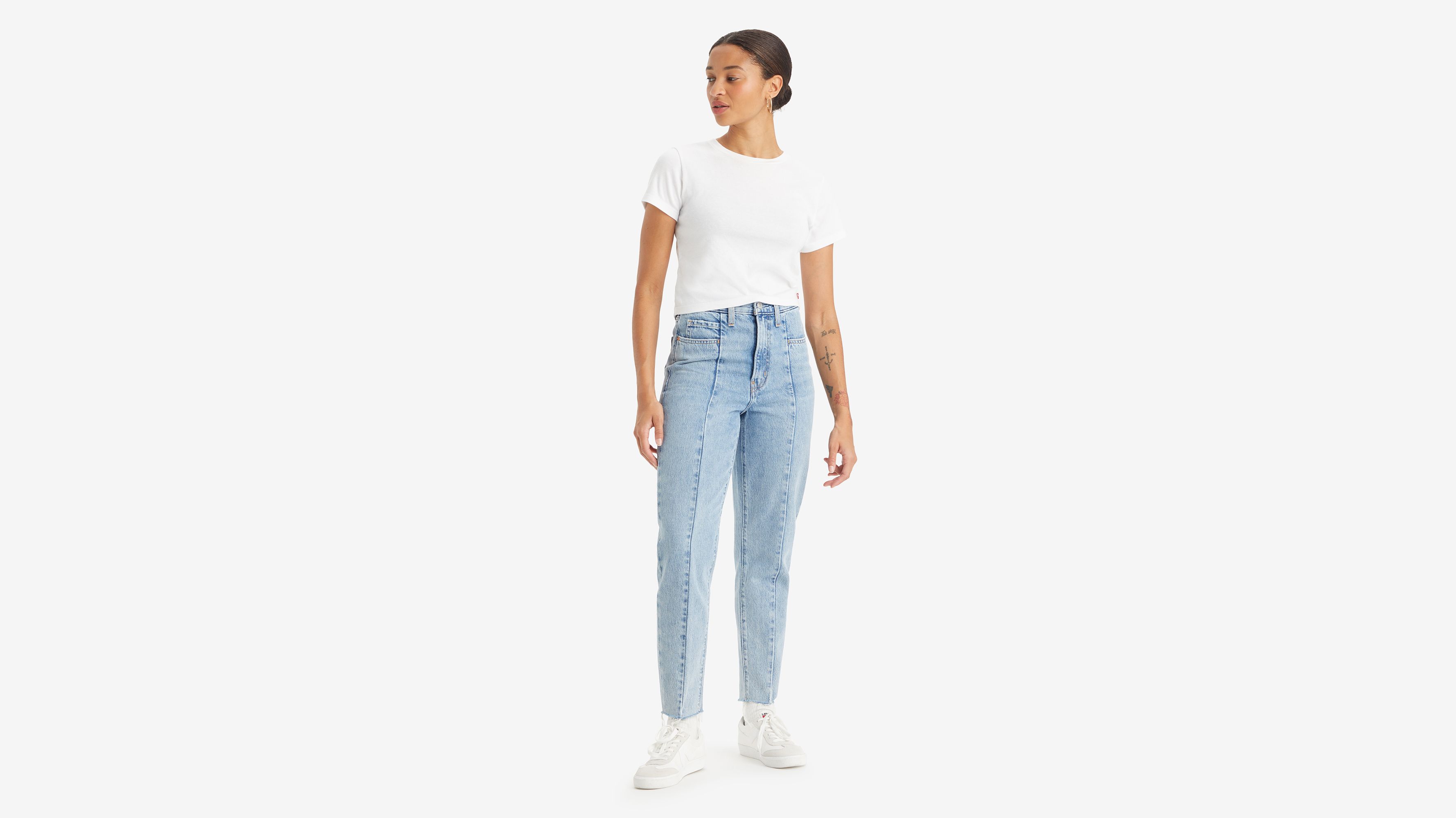 Jean Mom effiloché taille haute - Bashfully Blue - Bleu