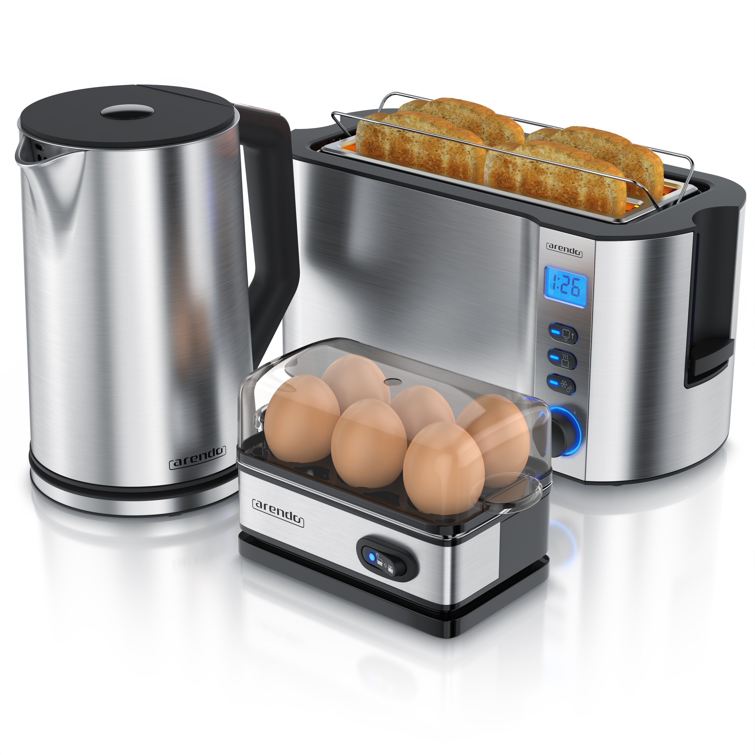 Arendo Frühstücksset 3-teilig, Wasserkocher 1,5 Liter, 4-Scheiben Langschlitz Toaster MANHA, 6er Eierkocher, Silber