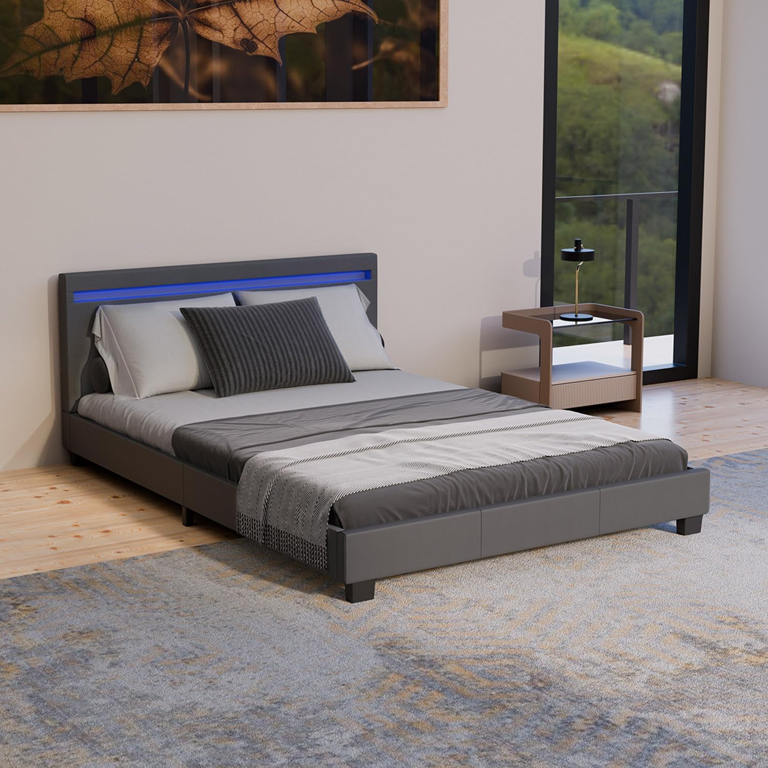 Juskys Polsterbett 140x200 cm – Bett Paris mit LED Beleuchtung, Lattenrost & Kopfteil, modernes Doppelbett aus Kunstleder & Holz – Grau
