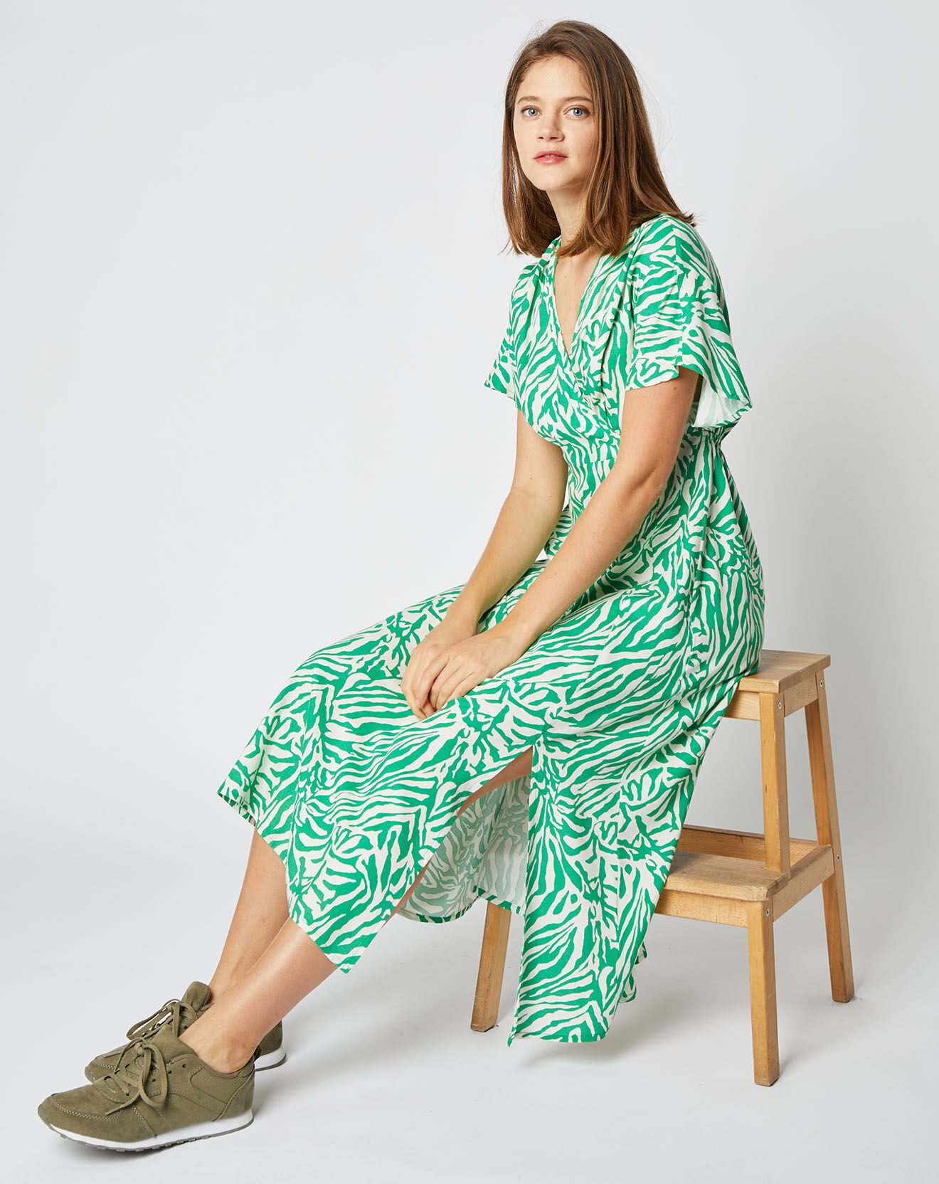 An'ge Robe mi-longue Camille cache-cœur vert/blanc
