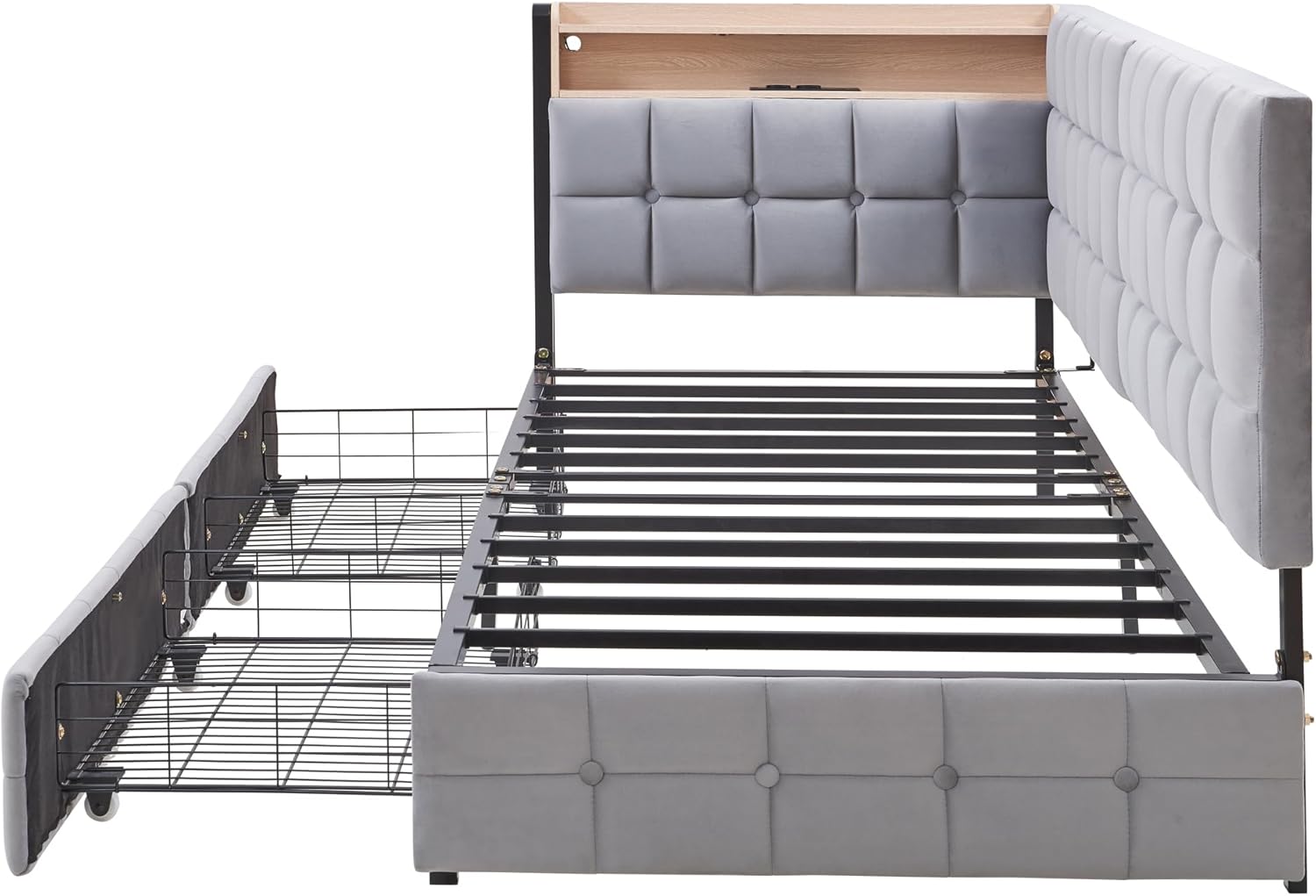 Polsterbett Schlafsofa 90x200 cm mit 2 Schubladen, Einzelbett mit LED Leuchten, USB und Typ-C-Anschluss, Metallbettgestell, Jugendbett Daybett, Samt, Hellgrau, ohne Matratze