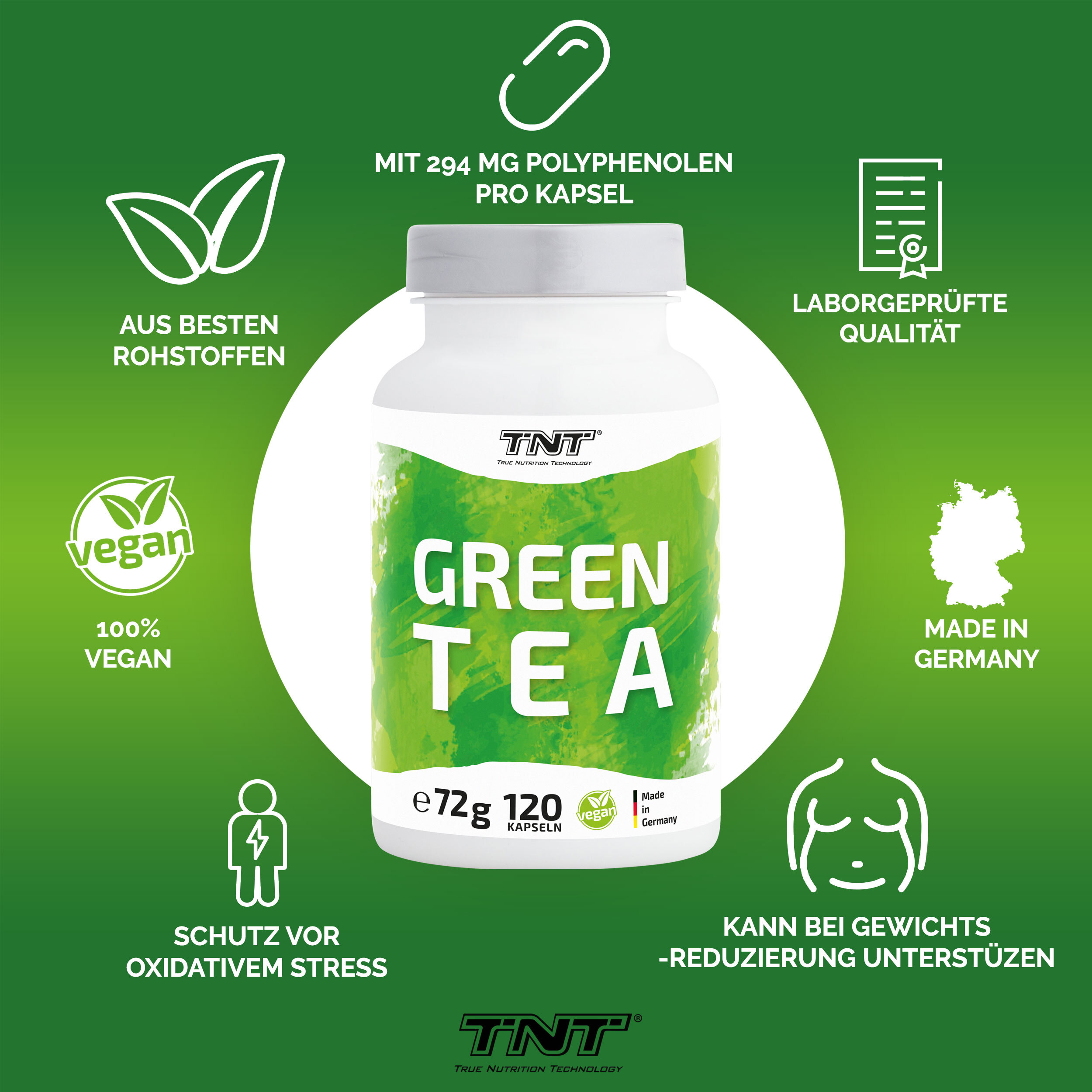 TNT Green Tea Kapseln kann bei Fettverlust unterstützen, schützt vor oxidativem Stress