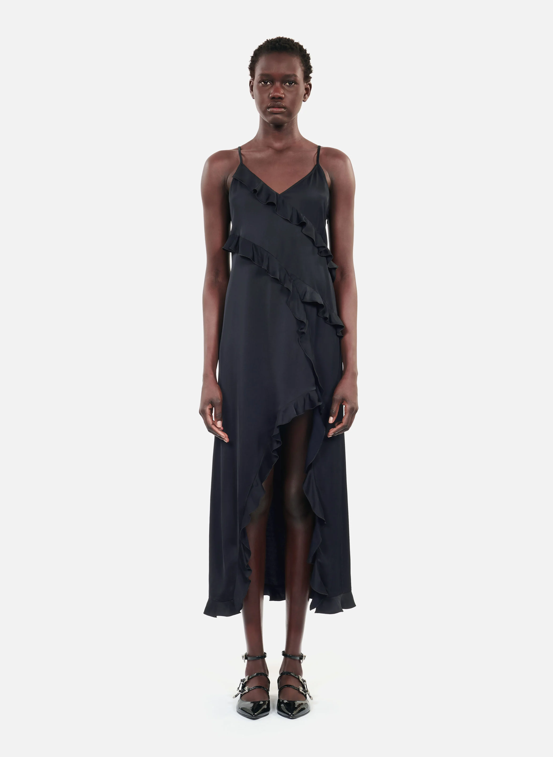 Robe midi ajustée col V | Noir
