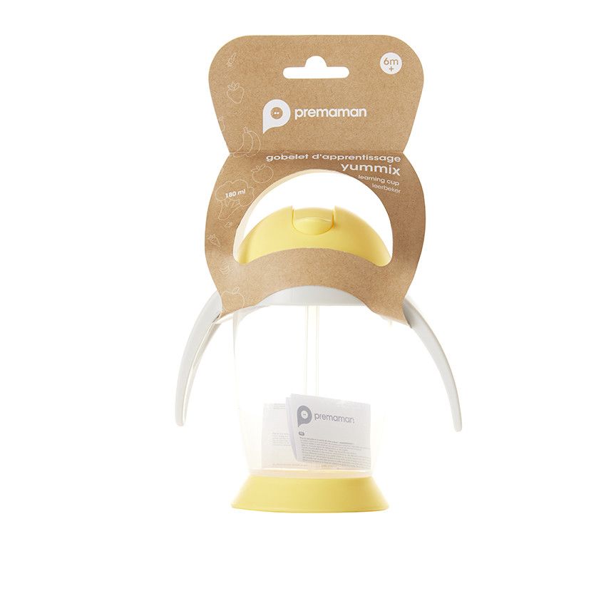 Tasse d'apprentissage à paille et anses 180 ml jaune/gris - Ecru
