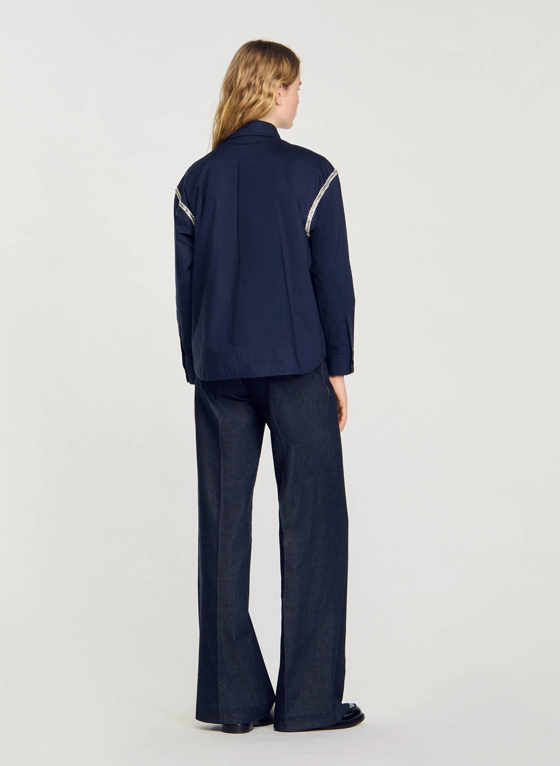 Chemise col classique en coton à strass | Bleu