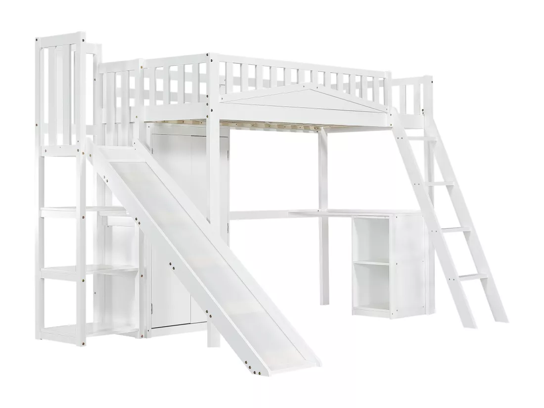 Lit mezzanine en bois 90x200 cm - avec bureau + armoire + toboggan - Blanc