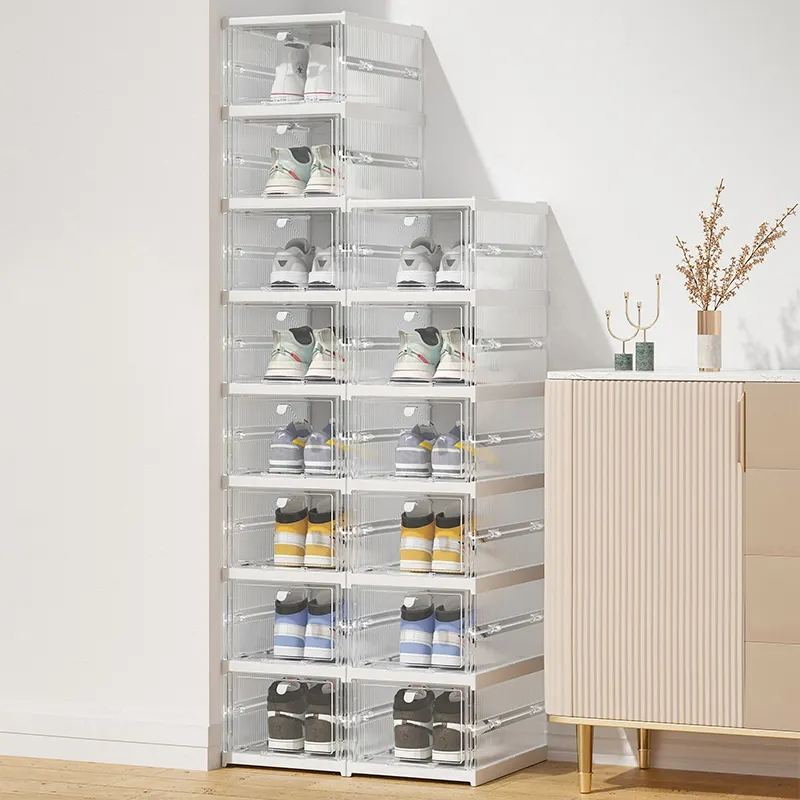 (34.5x54cm) Stapelbare Schuh Aufbewahrungs Box 3-facher Schuh Organizer Faltbare Kunststoff Schuhkartons - Weiss / Transparent