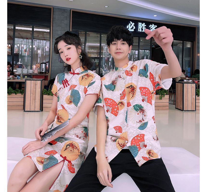 NoonSun - Koppel bijpassende korte mouwen waaier print mini qipao / shirt / effen rechte broek / set