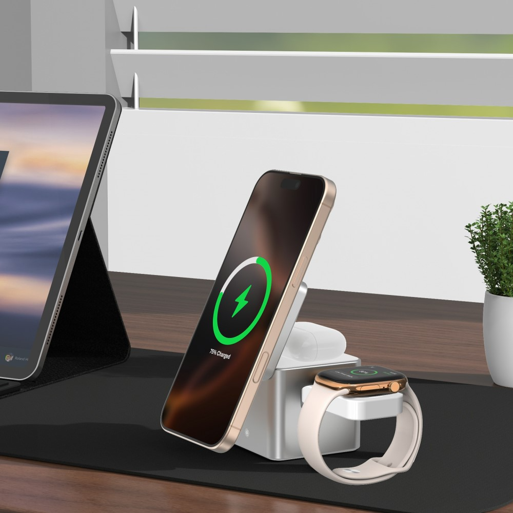 (15W) 3in1 Magnetisches Ladegerät Qi2 Wireless Charger Ladestation für Apple iPhone / Apple Airpods / Apple Watch - Silber