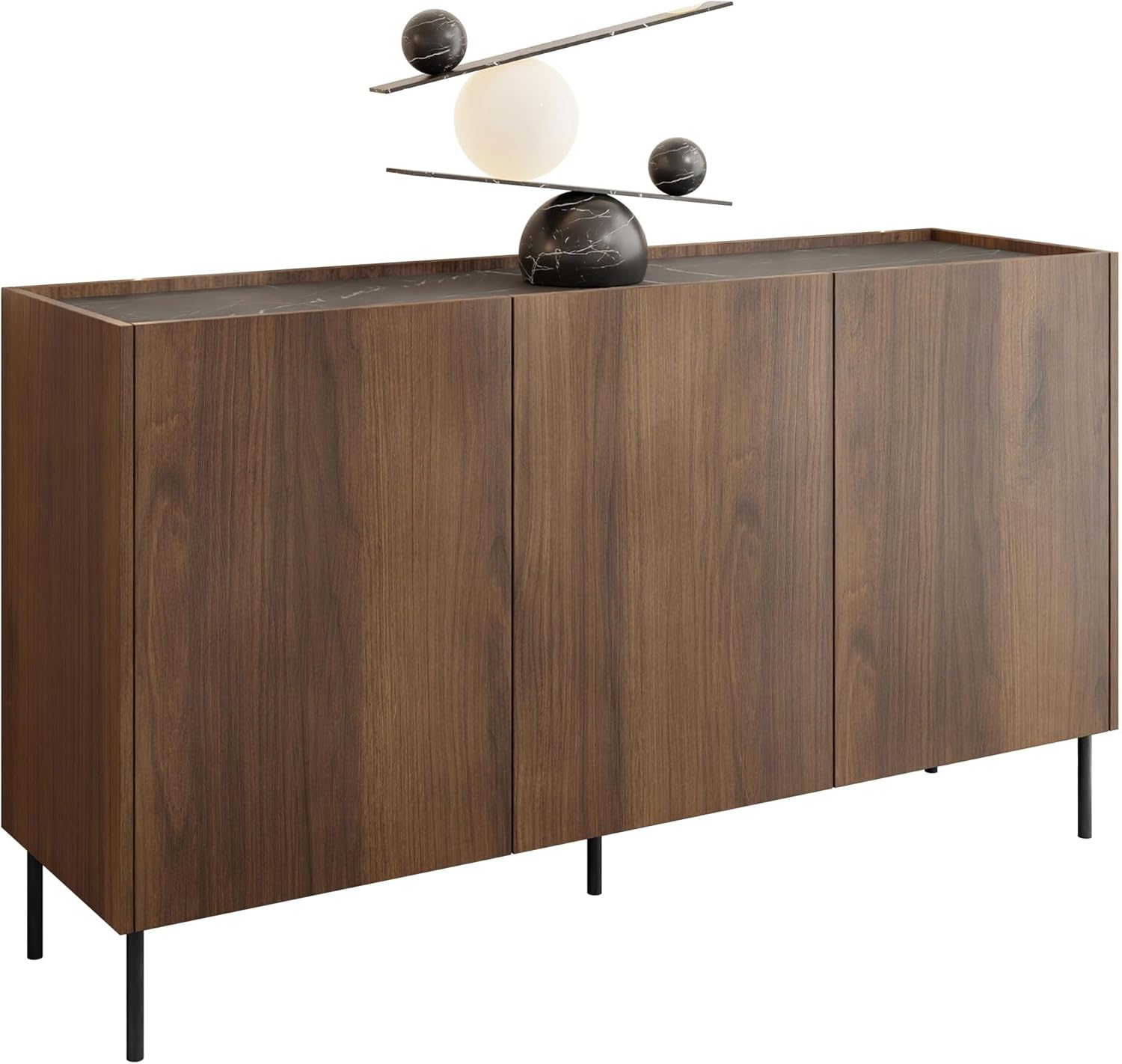 Mirjan24 Kommode Tewos K144, Türkommode, Aufbewahrungsschrank, Mehrzweckschrank für Wohnzimmer, Esszimmer, Schlafzimmerkommode (Nuss Warmia + Marmor Schwarz)