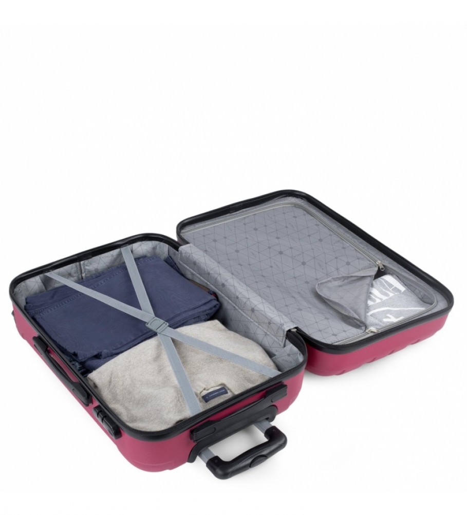 Mala de viagem rígida média ITACA com 4 rodas, cor morango, modelo 771160 (63 x 42 x 24 cm).