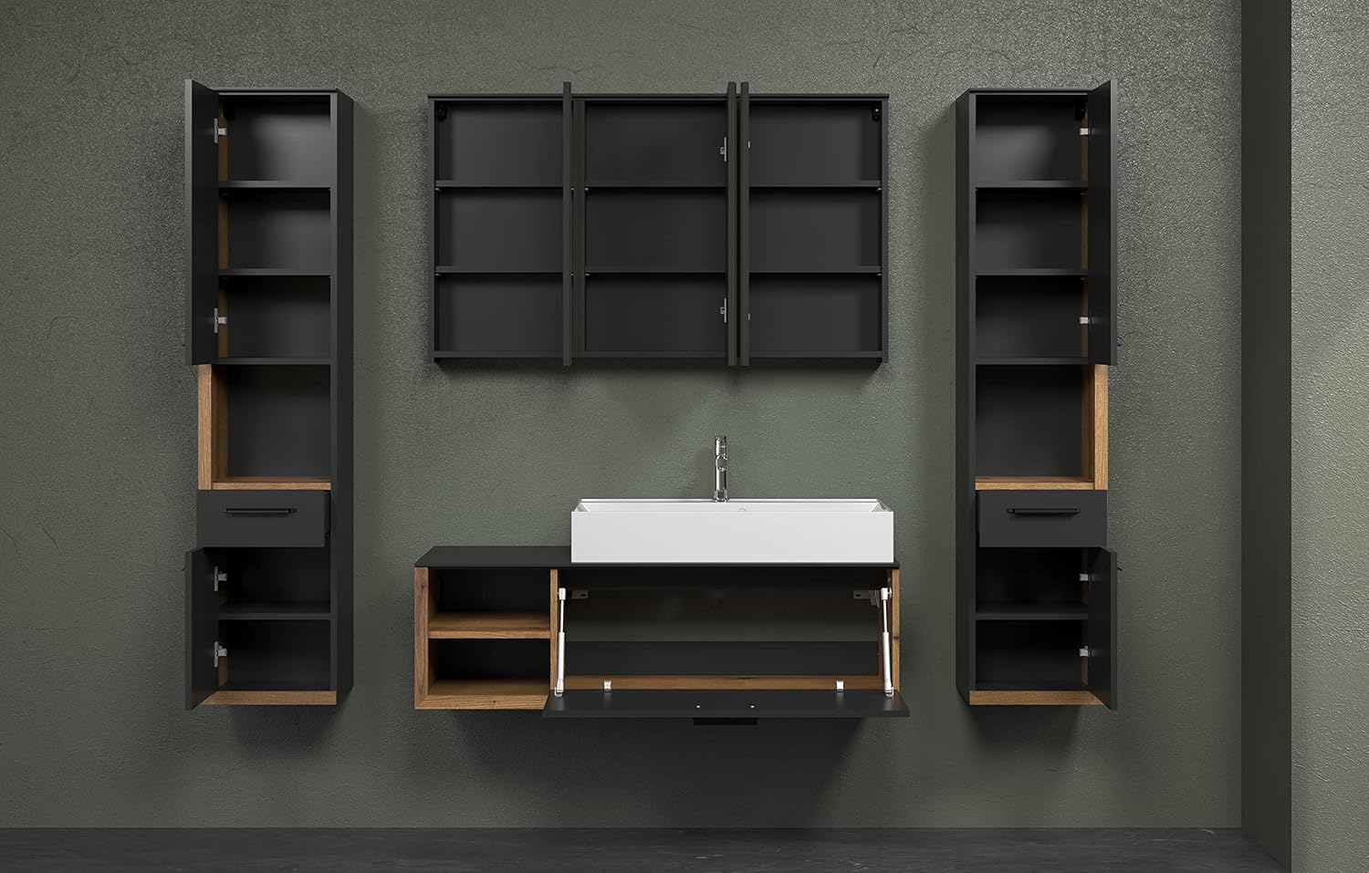 trendteam smart living - Synnax - Spiegelschrank - Anthrazit - Badspiegel mit 9 Fächern und 6 verstellbaren Einlegeböden - (BxHxT) 120 x 70 x 17 cm - moderner Badezimmerspiegel 3-türig - kratzfest