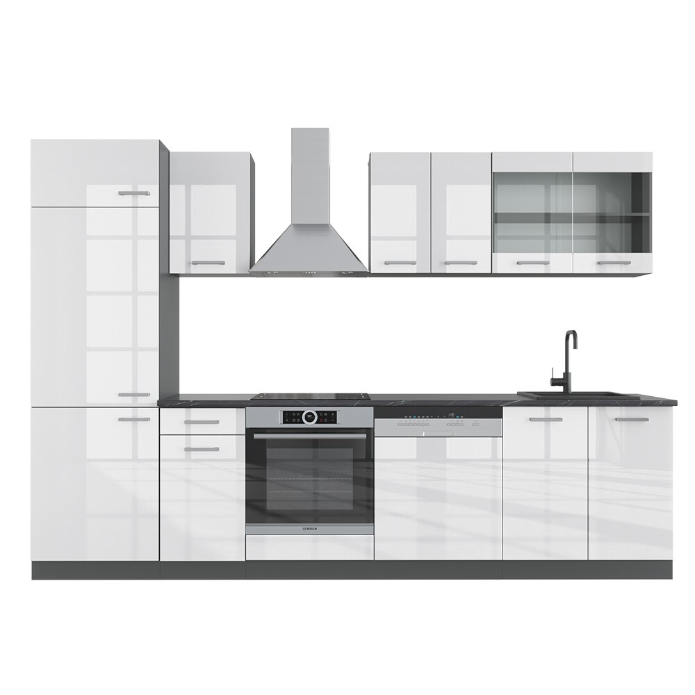 VICCO KÜCHE R-LINE 300 CM KÜCHENZEILE KÜCHENBLOCK EINBAUKÜCHE ANTHRAZIT WEISS HOCHGLANZ