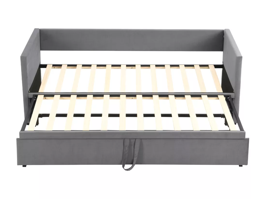 Lit gigogne 90/180x200cm, lit capitonné canapé-lit extensible avec sommiers à lattes, lit multifonctionnel en tissu velours style moderne - gris