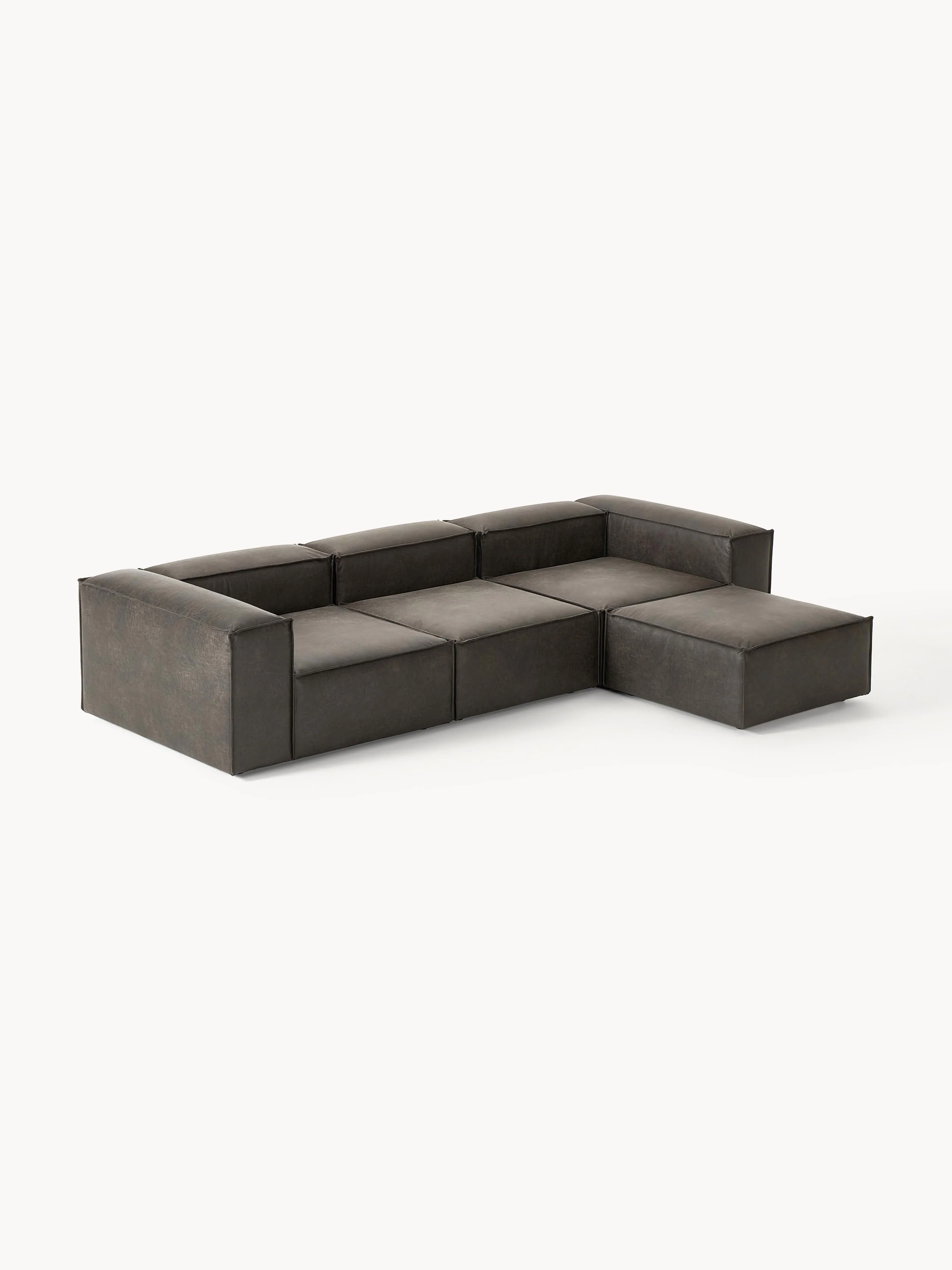 Modulaire bank Lennon (4-zits) van gerecycled leer met poef (links/rechts)
