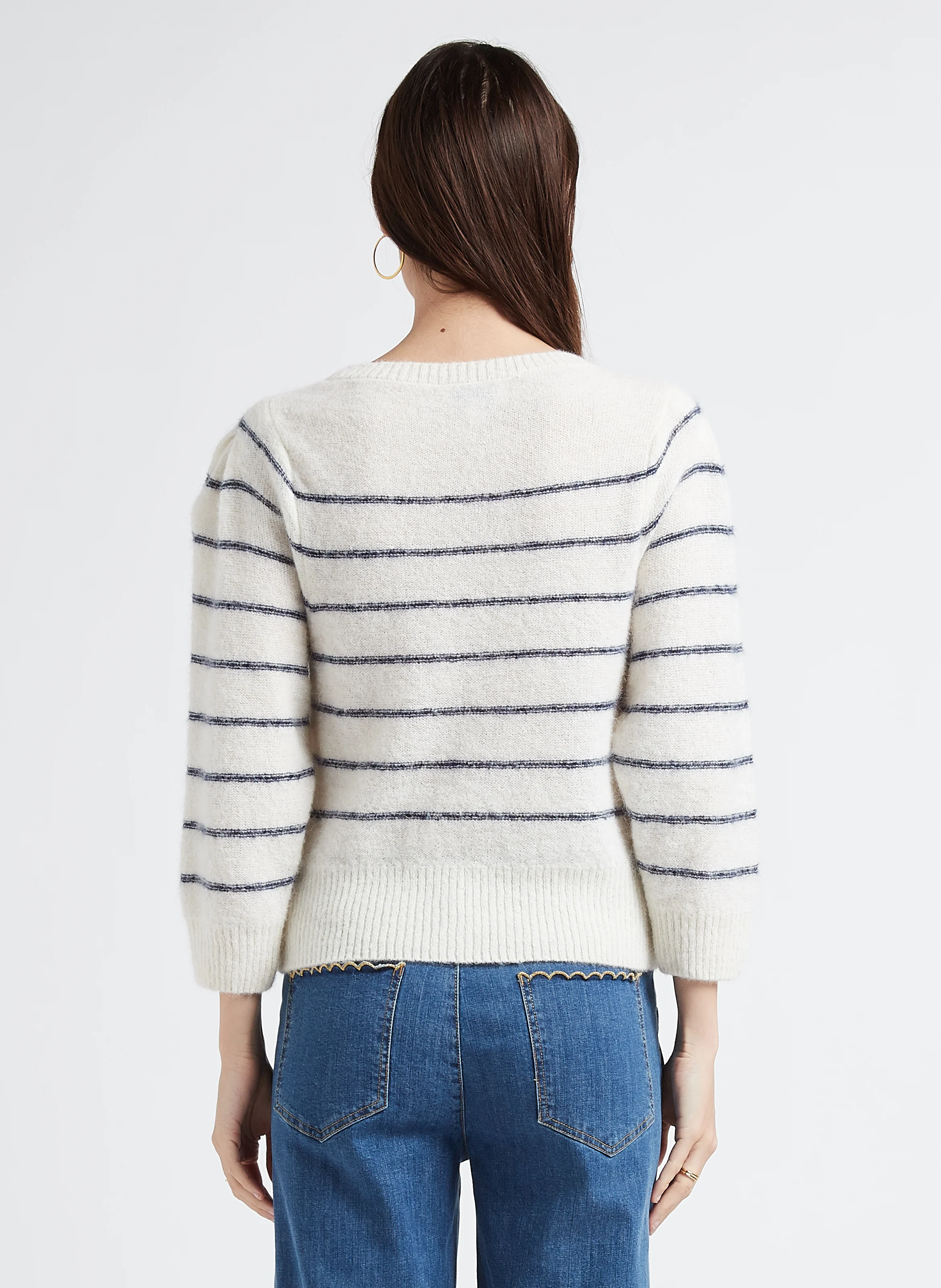Pull col rond rayé en alpaga mélangé| Blanc