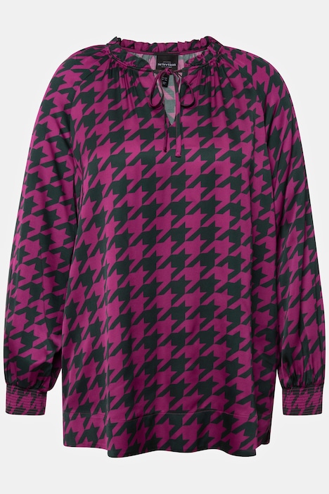 Satinbluse, Hahnentrittmuster, Boxy, Rundhals, Langarm