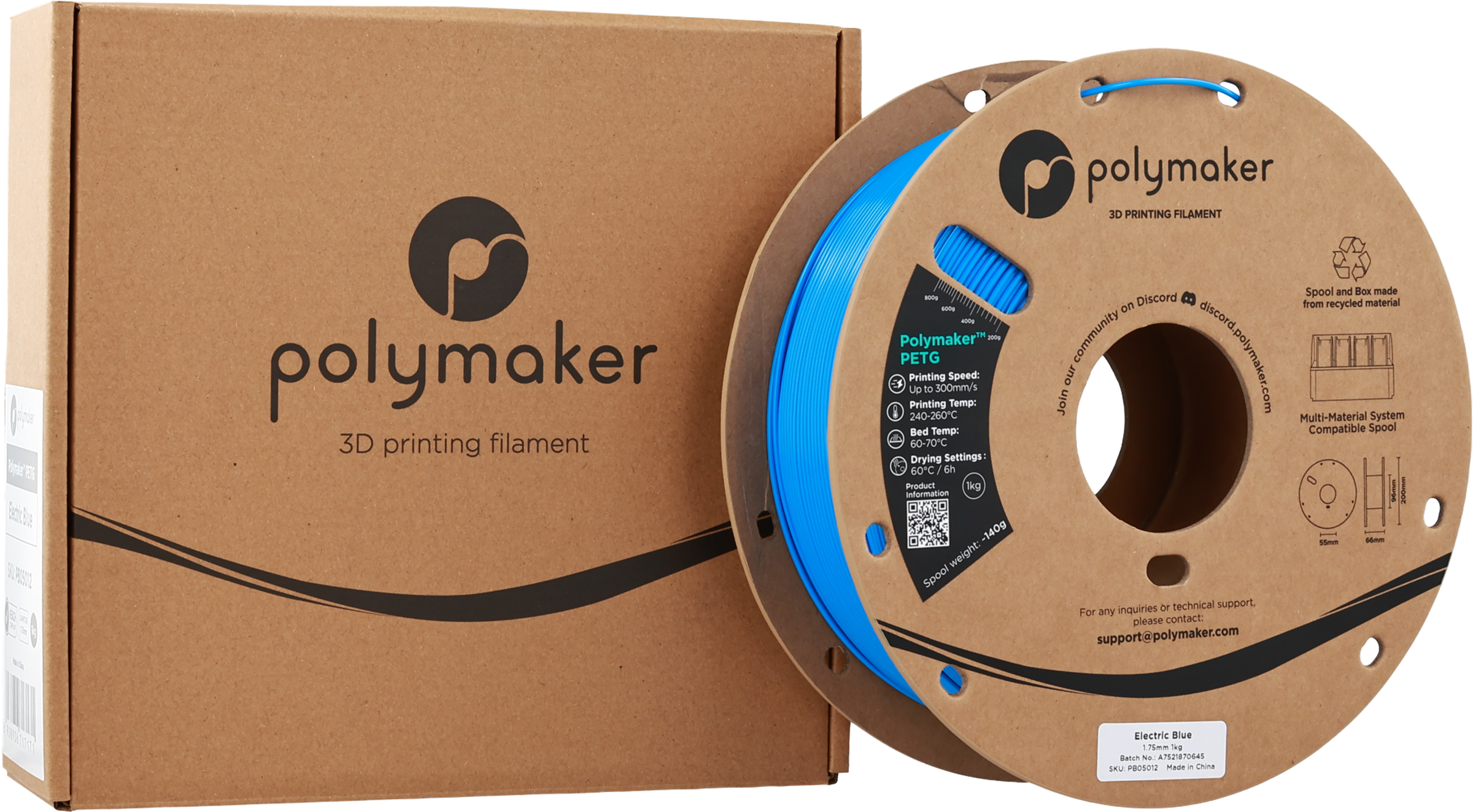 Polymaker  PETG Electric Blue, 1,75 mm / 1000 g    Robustes PETG optimiert für High Speed Druck in Electric Blue