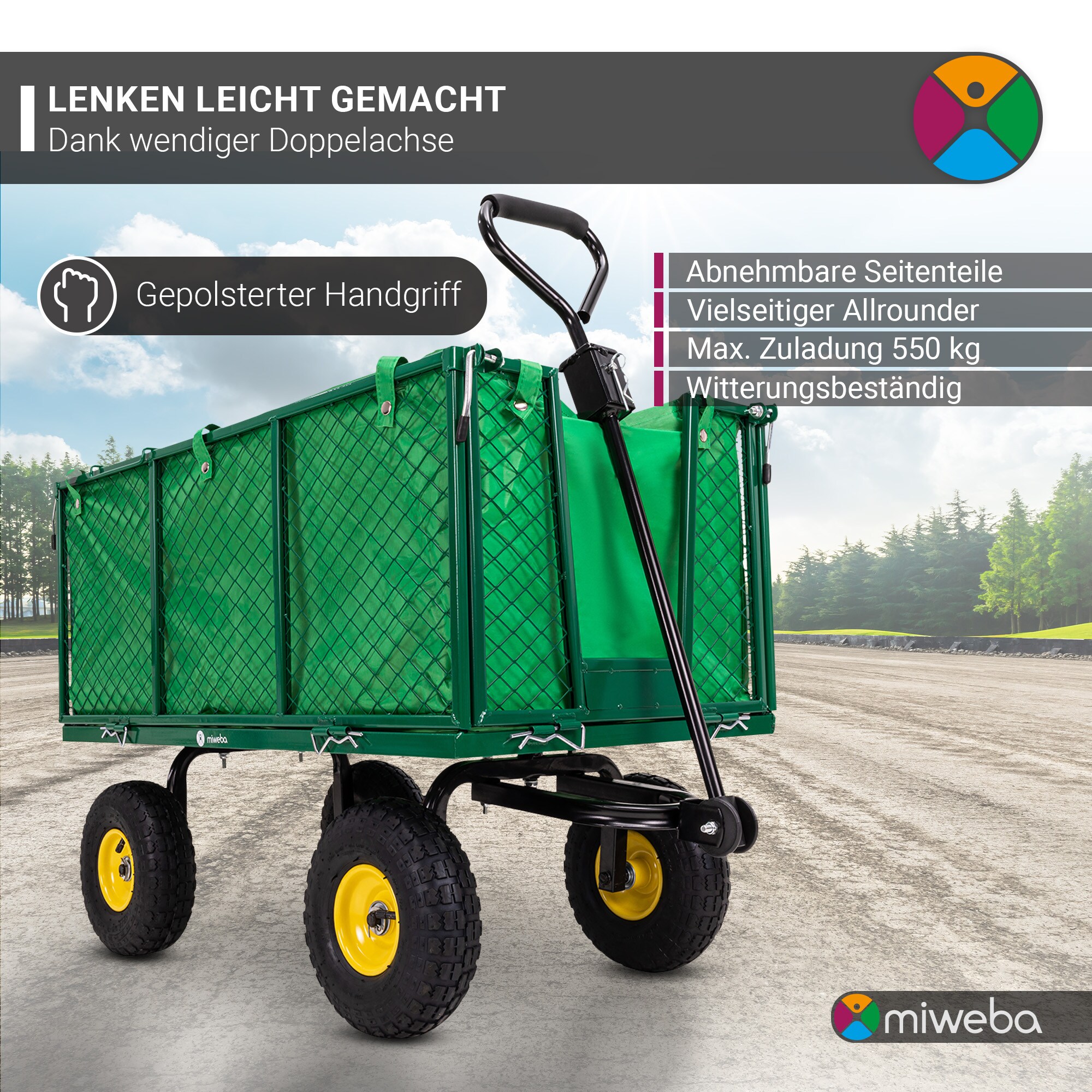 Miweba Bollerwagen MB-550, klappbare Seitenwände, Zuladung bis 550 kg, abnehmbare Polyesterplane (Grün)