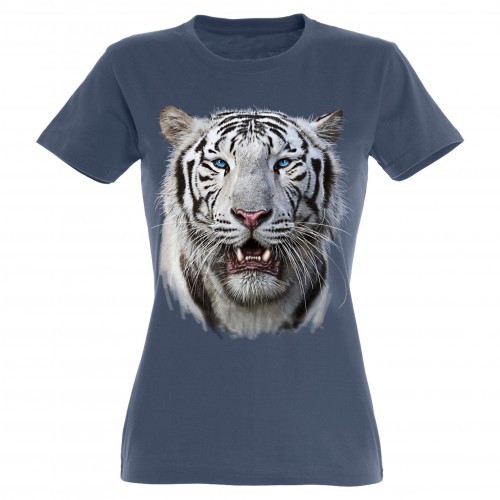 Camiseta feminina branca com estampa de cabeça de tigre azul.