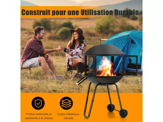 Brasero Exterieur de Jardin 108x57cm à 2 Portes avec Grille, Chauffage Foyer avec Roues Protection Contre Étincelles, Treillis Métallique Ventilation pour CamBoisg Barbecue