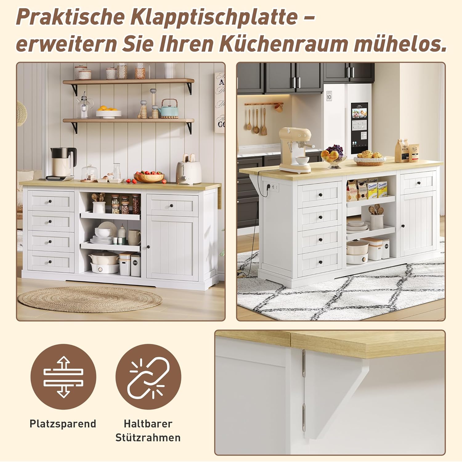 Buffet‑Sideboard/Bar‑Schrank/Kücheninsel–5 Schubladen, 2 Ausziehböden–Klappbare Erweiterungsplatte & Integrierte Steckdosen für Küche, Esszimmer&Wohnzimmer 150×65×75cm (Weiß)