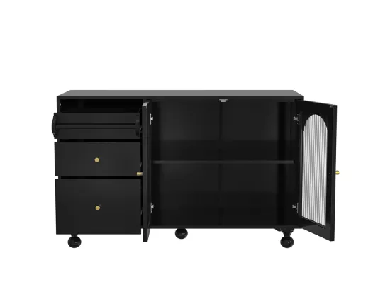 Buffet de salle à manger noir avec longues portes en verre arc-en-ciel et porte-serviettes design, meuble moderne multifonctionnel