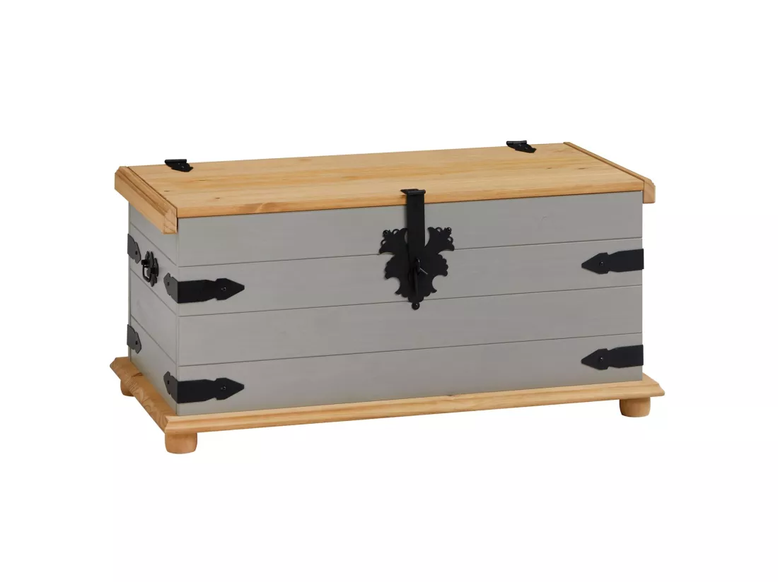 Coffre de rangement TEQUILA malle rectangulaire en bois style mexicain avec abattant, en pin massif lasuré gris et brun