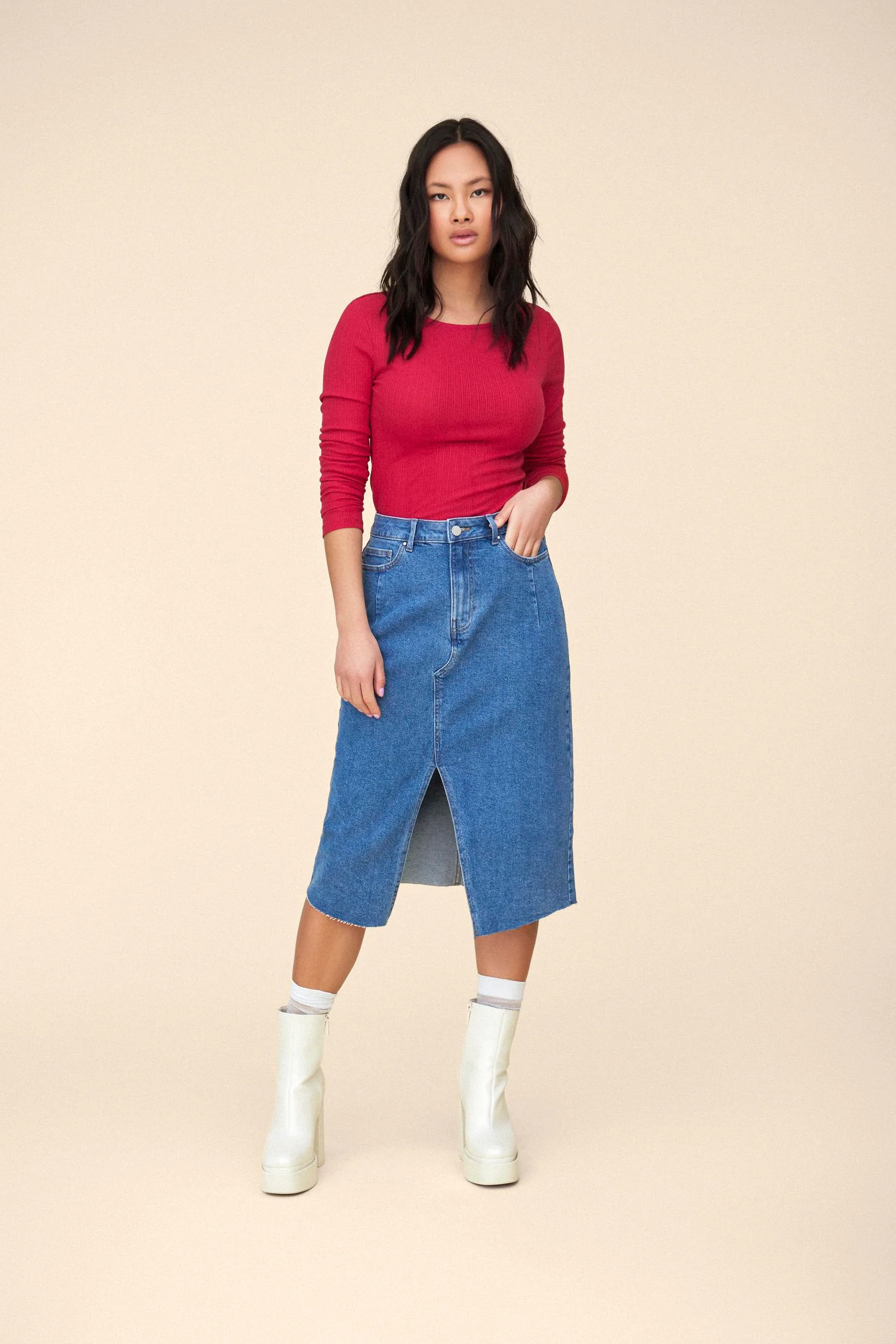 Vila  Visol RW Midi Slit denimnederdel - Medium Blue Denim