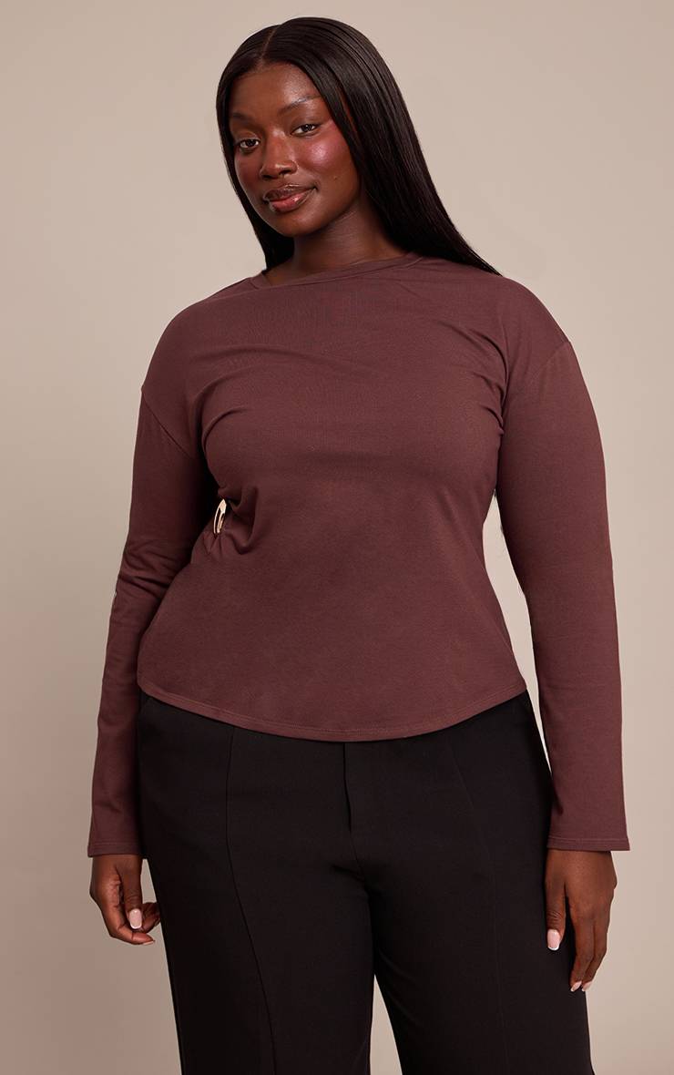 Chocolat T-shirt Grande Taille En Coton À Manches Longues Avec Détail De Bande Latérale