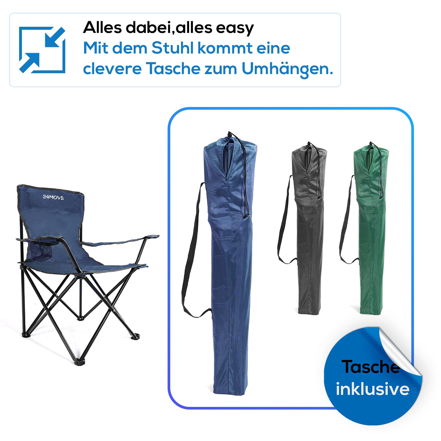 24MOVE® Campingstuhl Faltstuhl, blau, mit Getränkehalter und Tragetasche Outdoor, faltbar max. 100kg, Angerstuhl, Klappstuhl