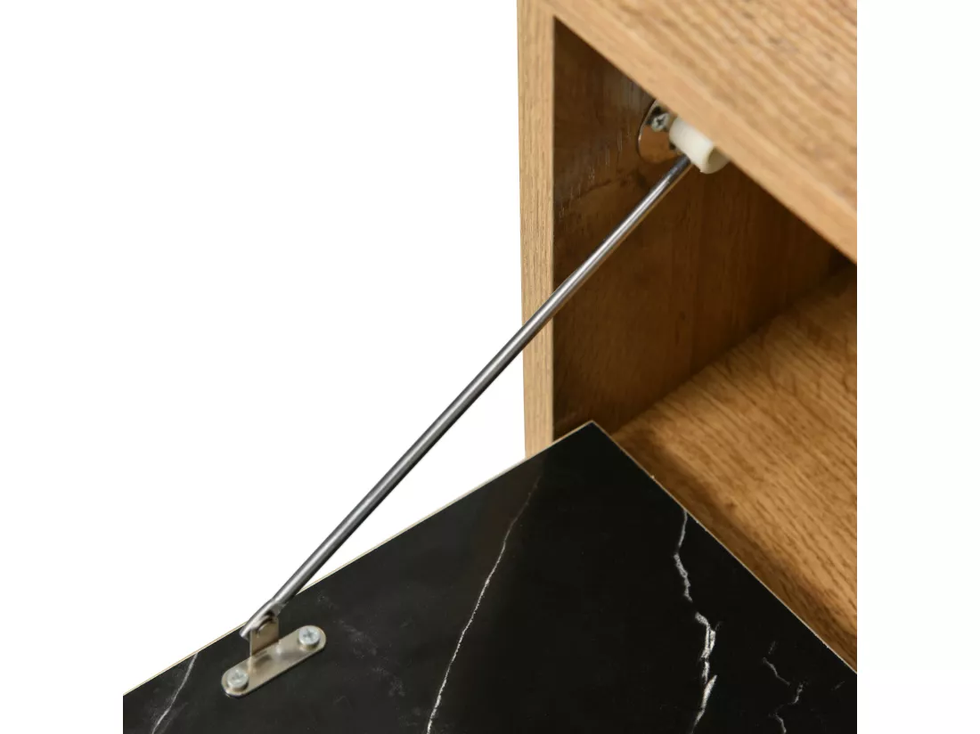 Meuble TV moderne avec design de marbre et de veines de bois -bord en PVC, pieds en fer, couleur bois foncé - 129x30x58cm