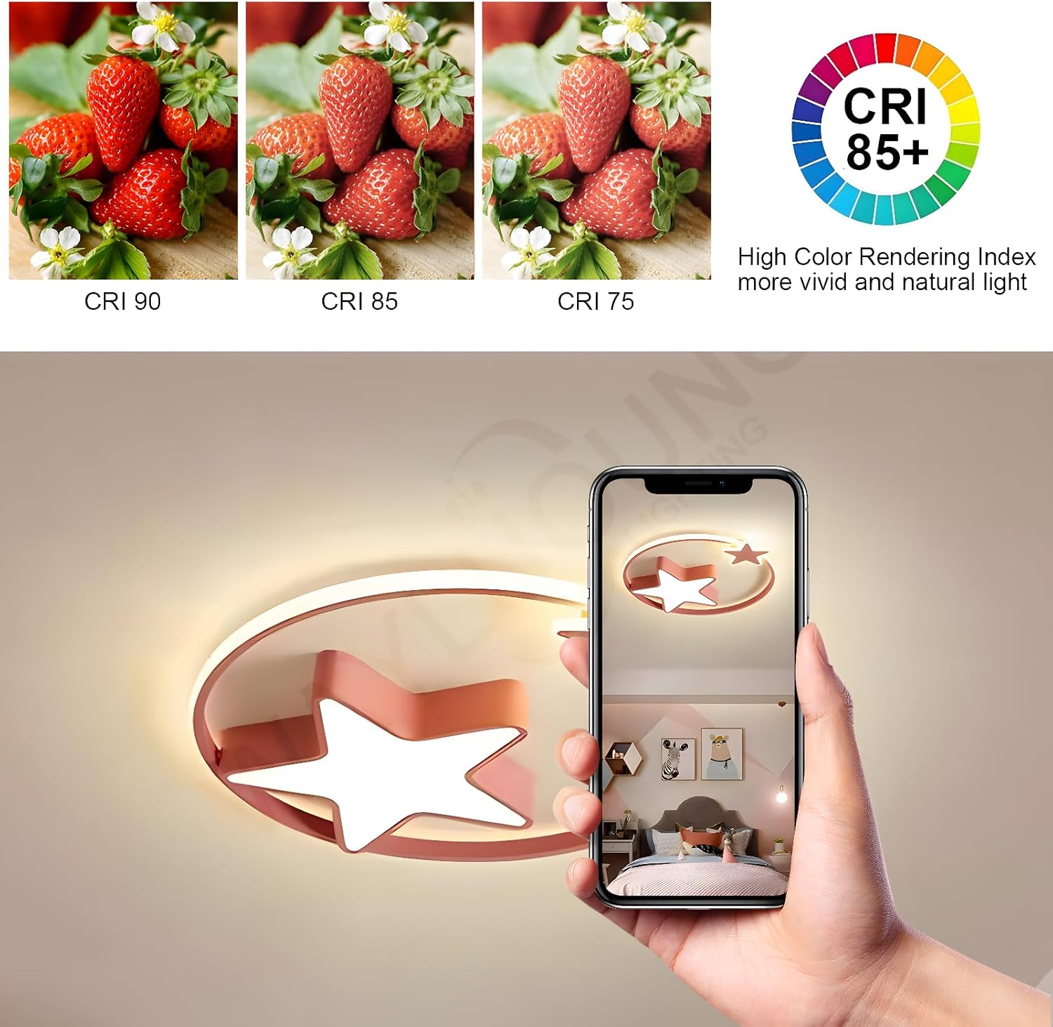 Rosa LED Deckenleuchte | Moderne Runde Kinderlampe | Sterne Sternenhimmel Kinderlicht | Ø55cm 48W | Dimmbar Mit Fernbedienung 2700K-6500K | Kinderzimmer Jungen Mädchen Deckenleuchte Schlafzimmer