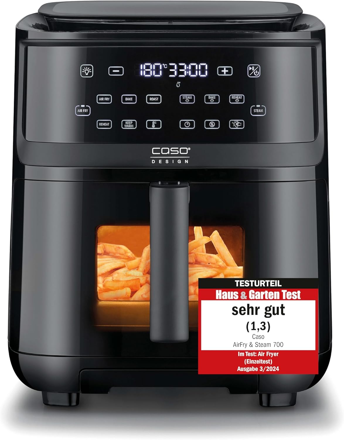 CASO AirFry & Steam 700 - Heißluftfritteuse und Dampfgarer - Testurteil: Sehr Gut, extra großes Korbvolumen 7 Liter, Dampfgarer & Airfryer, Fritteuse ohne Öl/Fett, Schwarz
