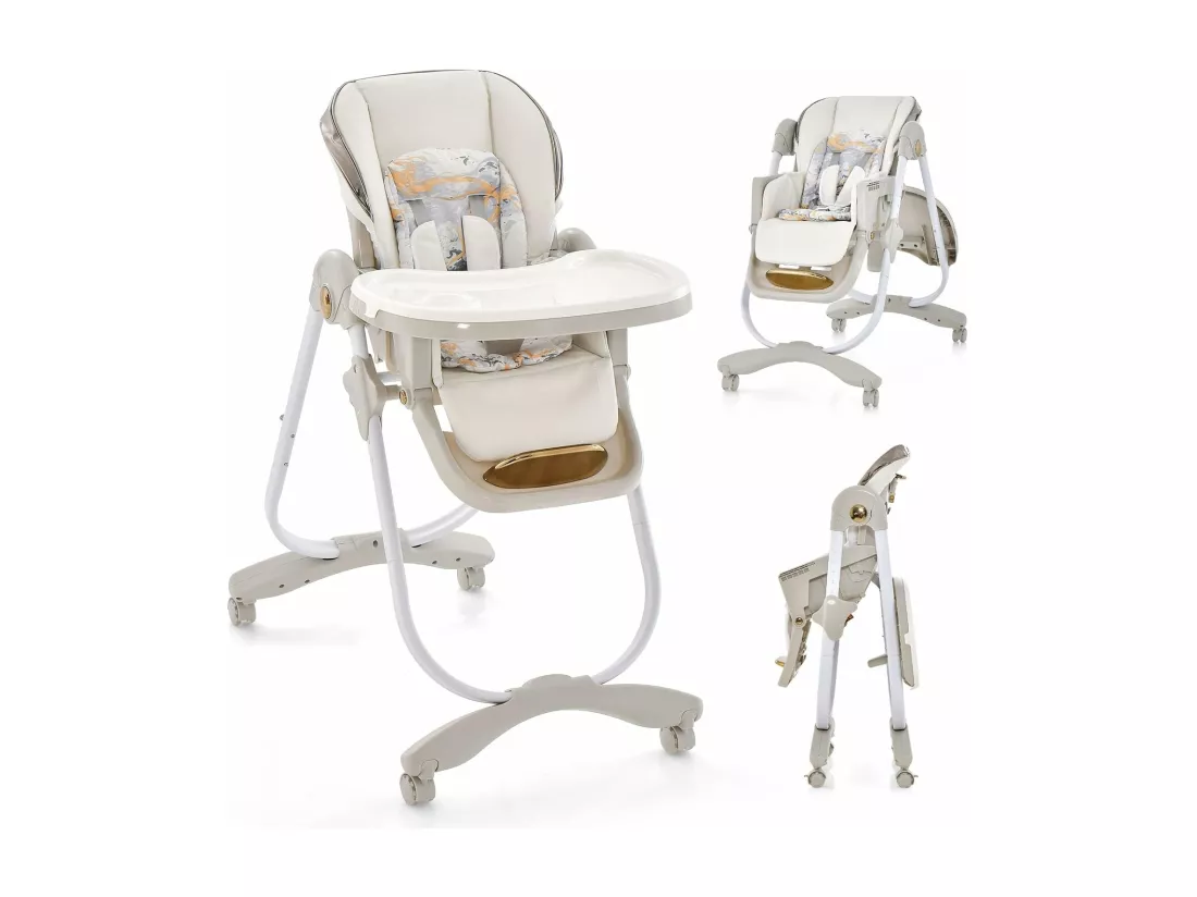 Chaise Haute Bébé Pliable, Chaise d’Alimentation Portable pour Tout-Petits avec Double Plateau, Siège Enfant avec Hauteur/Dossier/Repose-Pieds Réglables, Roue Verrouillable, 6-36 Mois (Gris)