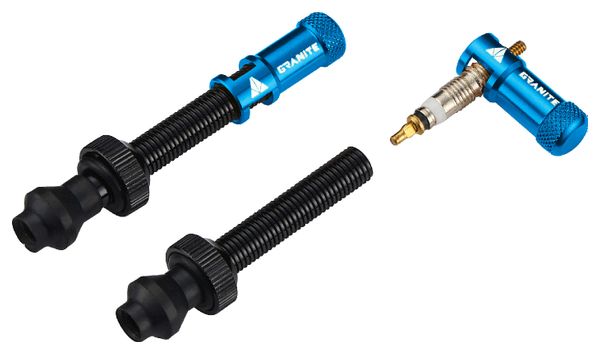 Paire de Valves Tubeless Granite Design Juicy Nipple 45 mm avec Bouchons Démonte-Obus Bleu