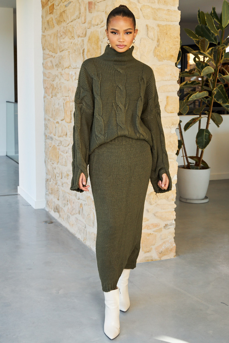 Ensemble 2 pièces pull + jupe en maille kaki