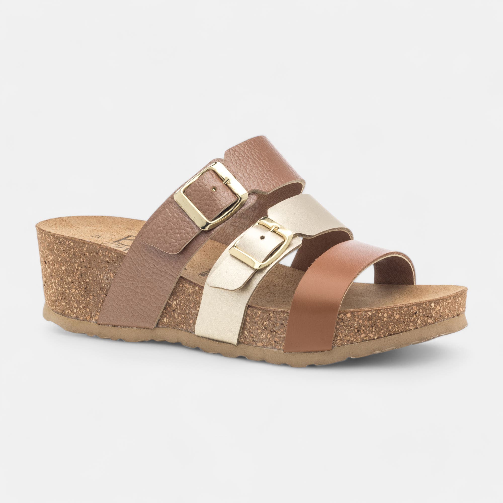 Mules semelle liège à talon compensé Femme en cuir cognac