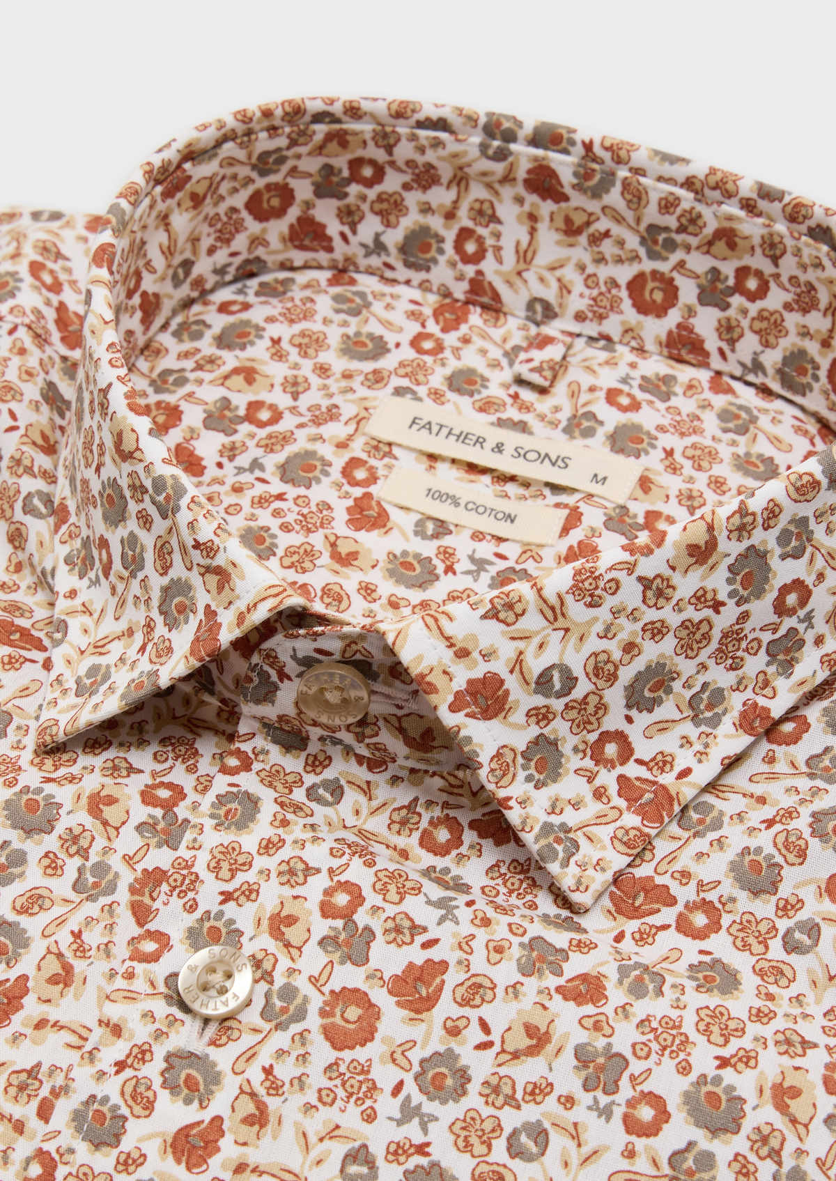 Chemise sport Slim en popeline de coton blanc à motif fleuri terracotta et taupe