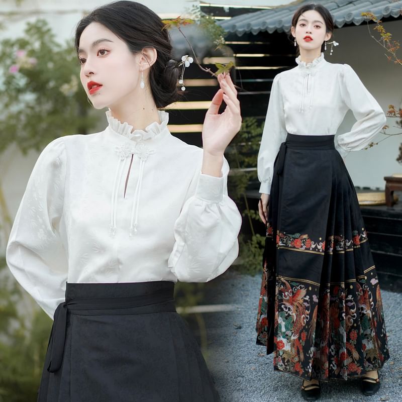 Fioridi - Blouse met mockneck en effen kleur / Maxi A-lijn rok met Hanfu-motief en middelhoge taille / Ketting