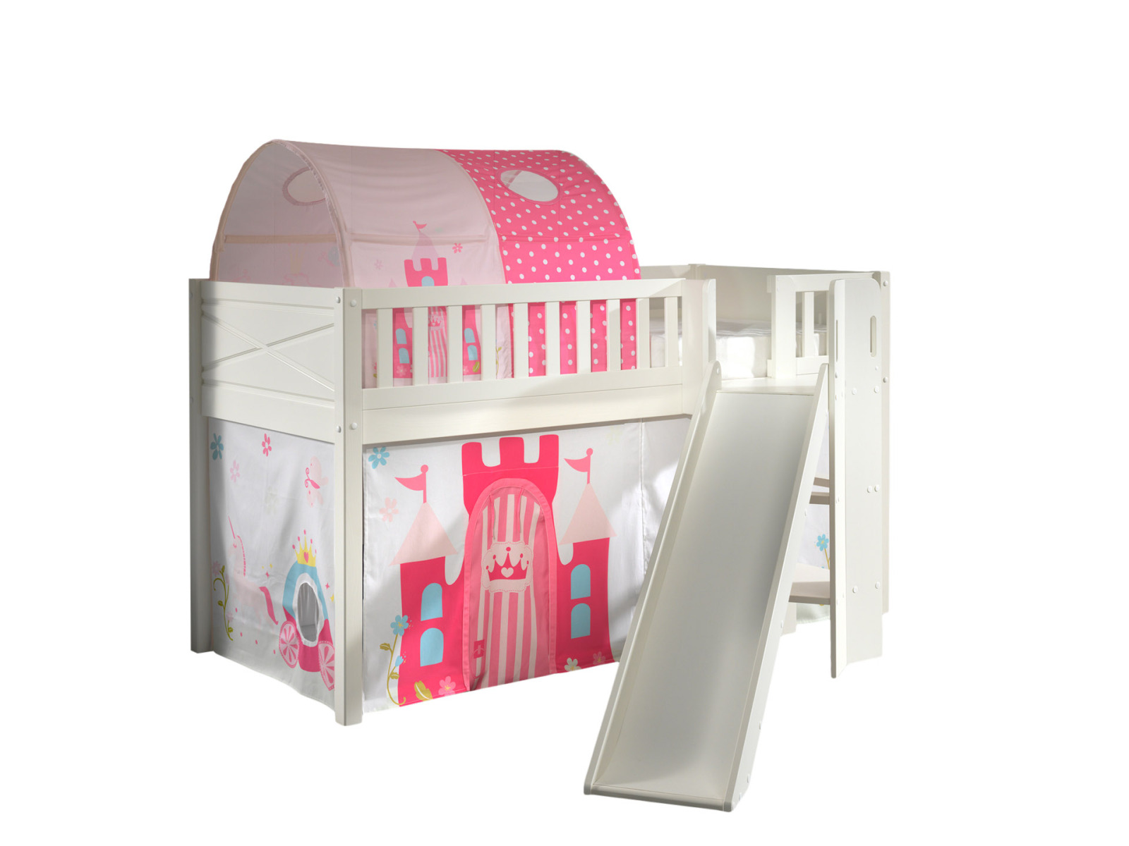 Spielbett SCOTT - weiß - Princess - mit Rutsche - Vorhang, Leiter und Tunnel - 90x200 cm
