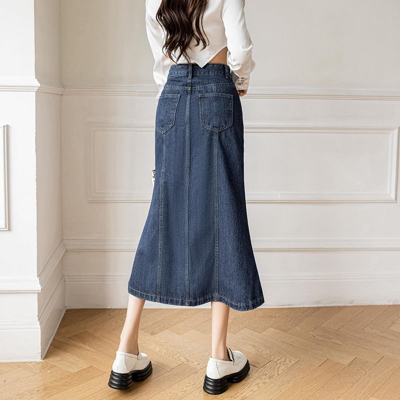 Cassidy - Midi-rok met hoge taille en split in gewassen denim