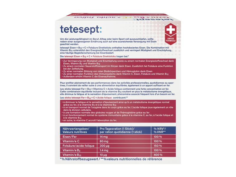 tetesept Eisen   B12 Direktstick 20 Stück Nahrungsergänzungsmittel mit Eisen, Vitaminen und Folsäure