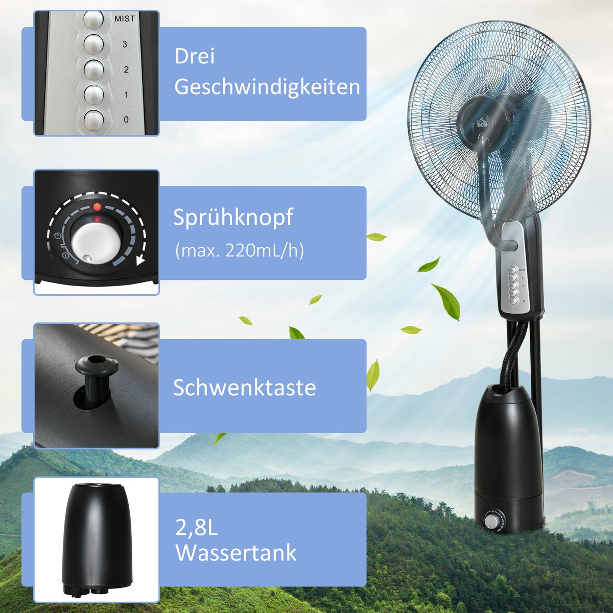 HOMCOM Staande ventilator met 2,8 liter waterkoeling, 90 W ventilator met vernevelingsfunctie, verstelbare kantelhoek, metaal, zwart + zilver, hoogte 120 cm