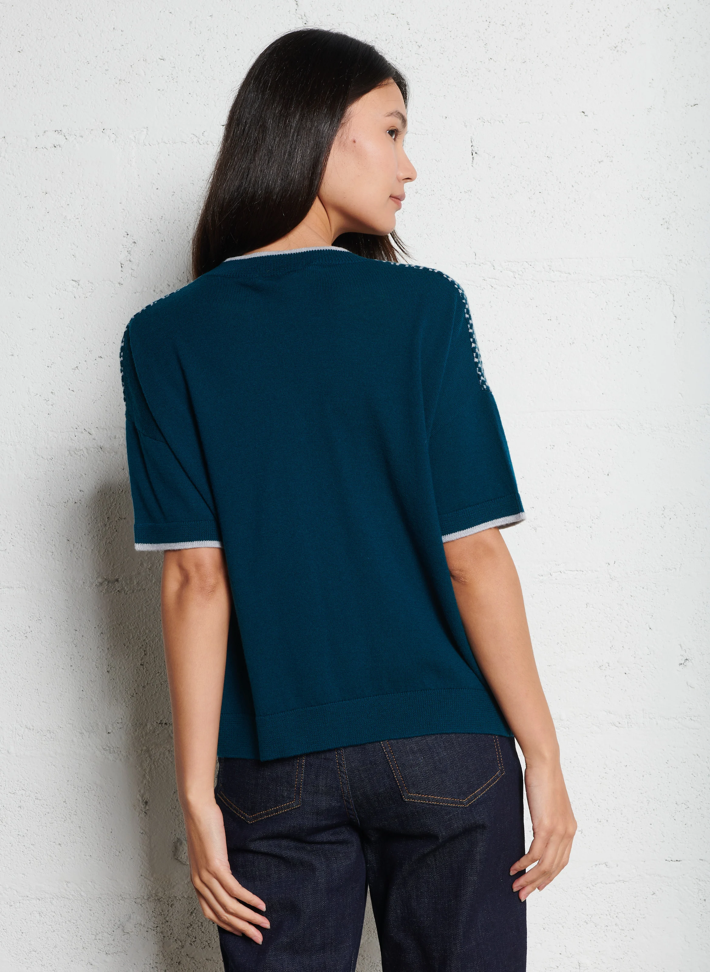 LOLITA - Pull manches courtes brodé en laine mérinos | Vert