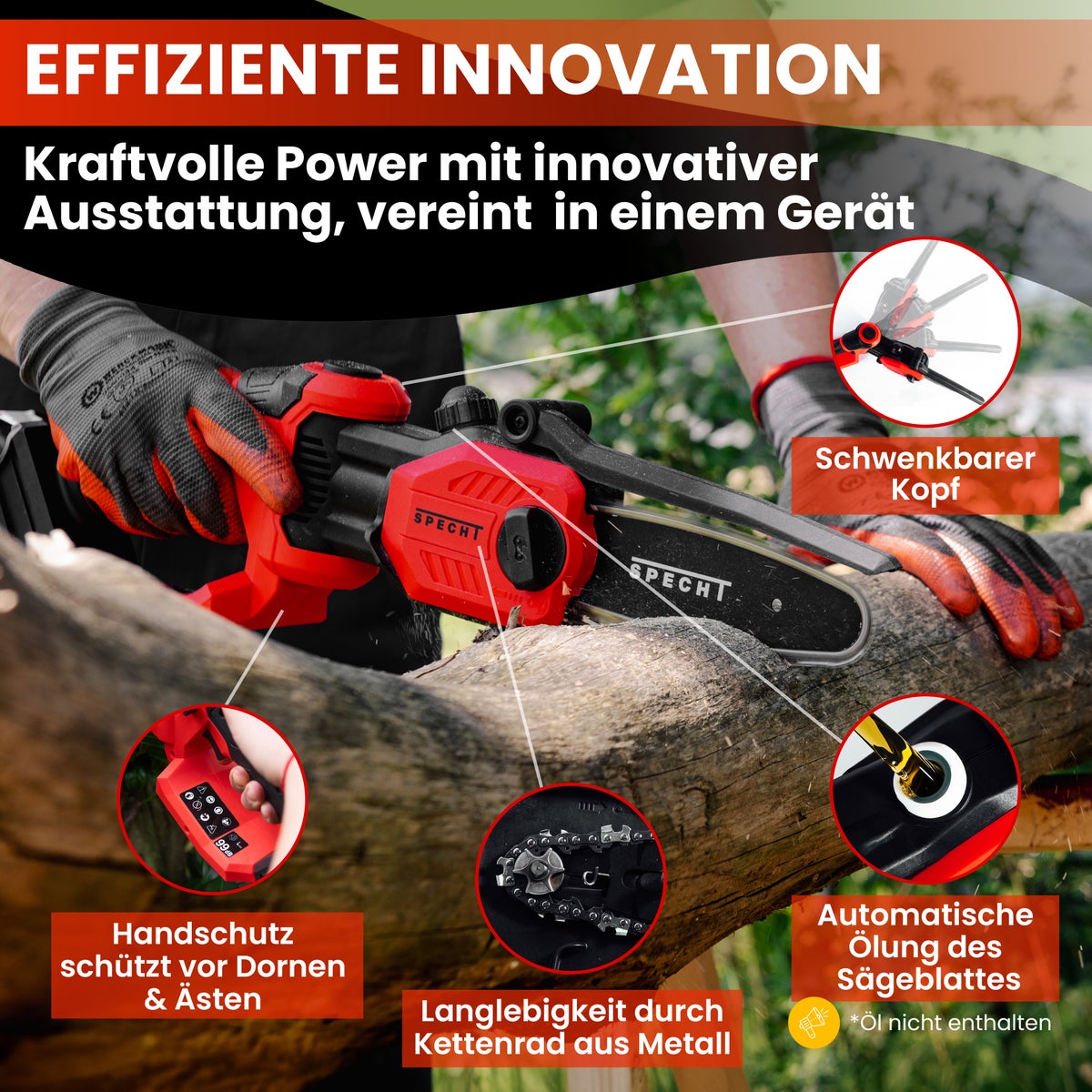 Specht® OAK-ONE Accu snoeizaag/minikettingzaag/houtknipper, incl. 1 x 4Ah accu en dockingstation